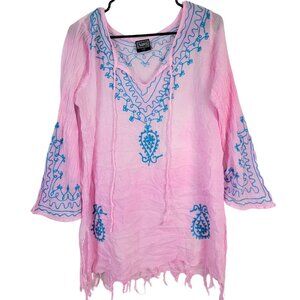 Bohemian Embroidered Tunic Shirt Women XL Pink Blue Boho Swim Cover Dress Top L